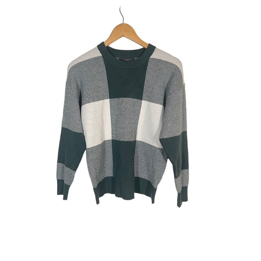 Tahari Women's White & Green Crew Neck Color‎ Block Pullover Sweater Size Medium